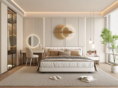 Modern Bedroom Interior Design With Upholstered Bed Round Mirror Rug And Potted Plant 3d model