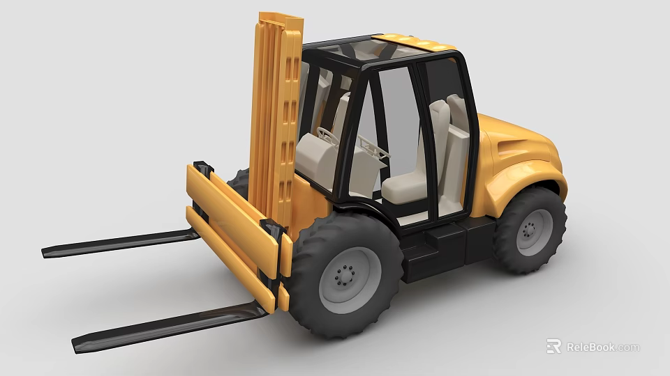 Yellow Forklift Vehicle With Black Cabin Large Tires And Front Forks 3d model 