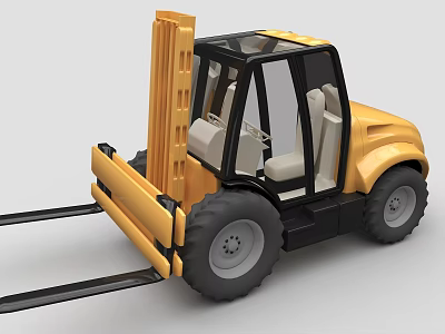 Yellow Forklift Vehicle With Black Cabin Large Tires And Front Forks 3d model