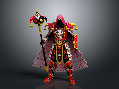 Hooded Armored Figure In Red Yellow Black Armor With Playing Card Motifs And Jester Staff 3d model