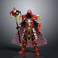 Hooded Armored Figure In Red Yellow Black Armor With Playing Card Motifs And Jester Staff