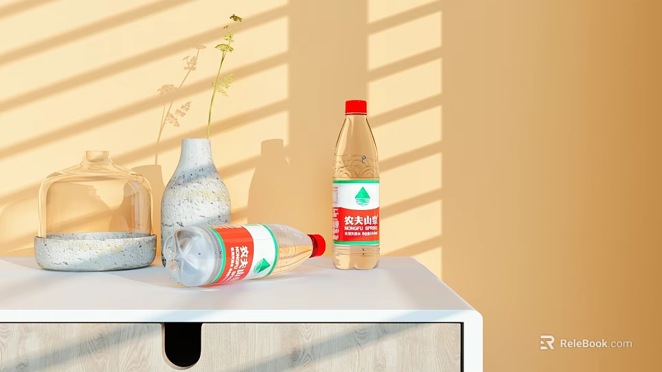 Wahaha Purified Water Bottles with Red Caps on White Table Under Sunlight 3d model 
