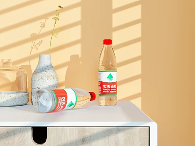 Wahaha Purified Water Bottles with Red Caps on White Table Under Sunlight 3d model