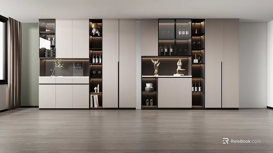 Modern Wine Cabinet With Glass Door Display And Wine Bottle Storage Shelves 3d model 