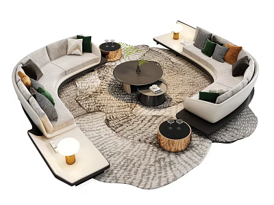 Modern L Shaped Sofa and Coffee Table Set With Decorative Cushions and Textured Living Room Rug 3d model