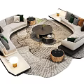 Modern L Shaped Sofa and Coffee Table Set With Decorative Cushions and Textured Living Room Rug