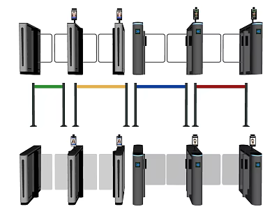 Public Facility Different Types of Security Access Control Gates with Colorful Barriers and Camera Systems 3d model