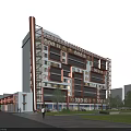 Contemporary Office Building Featuring Glass Curtain Walls Metal Framework And Roadside Landscaping