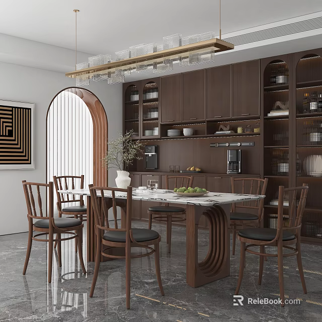 Modern Restaurant Interior With Wooden Dining Table Chairs Pendant Light And Marble Countertop 3d model 