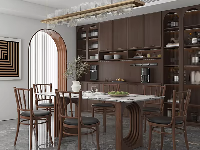 Modern Restaurant Interior With Wooden Dining Table Chairs Pendant Light And Marble Countertop 3d model