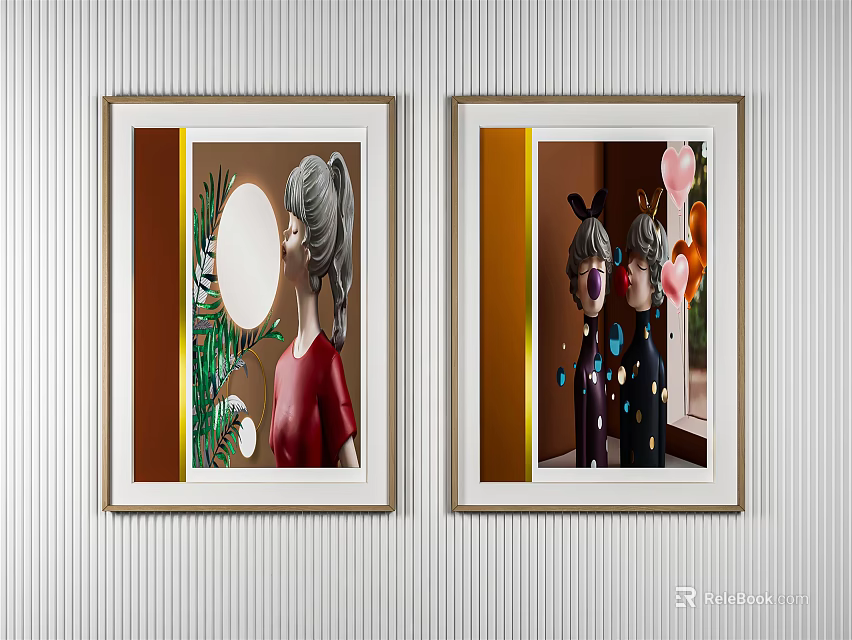 Two Framed Artworks Featuring Gray Haired Figure Rabbit Character Plants Mirror And Balloons On Wall 3d model 