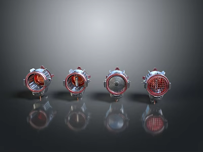 Modern Four Piece Metallic Light Fixture Set With Red Silver Accents And Dark Background 3d model