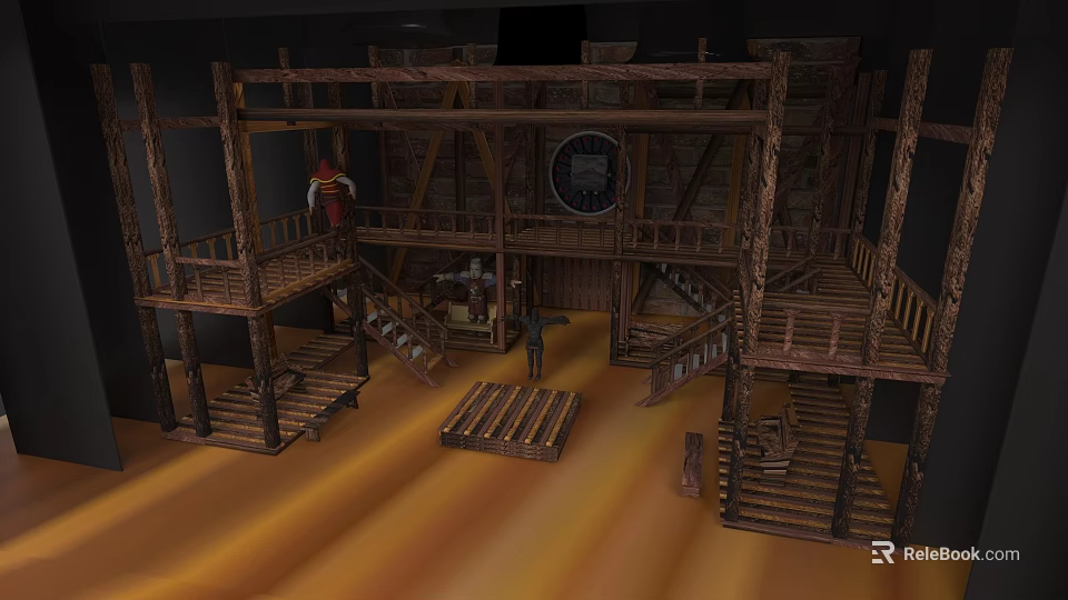 Vintage Wooden Cultural Art Exhibition Hall With Multi Level Platforms And Staircases 3d model 