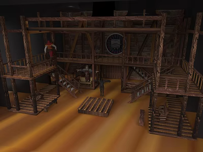Vintage Wooden Cultural Art Exhibition Hall With Multi Level Platforms And Staircases 3d model