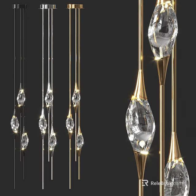 Modern Crystal Chandelier With Gold Metal Rods And Hanging Pendants 3d model 
