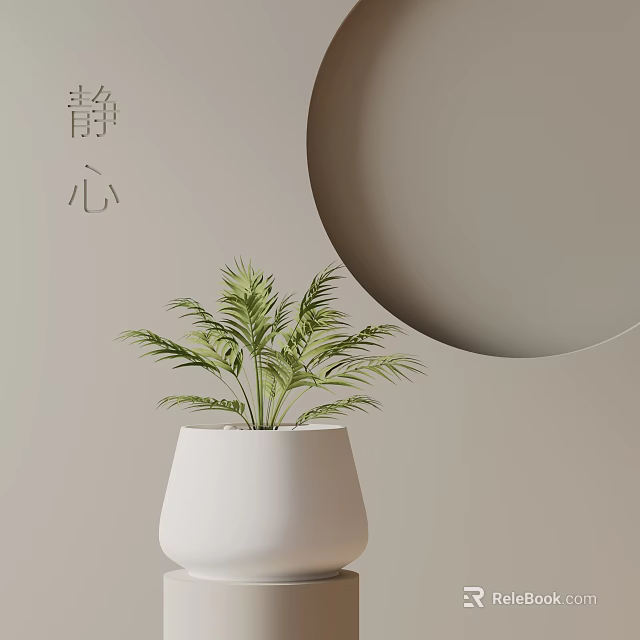 Bonsai Plant with Green Foliage in White Pot on Beige Background with Round Decor Home 3d model 