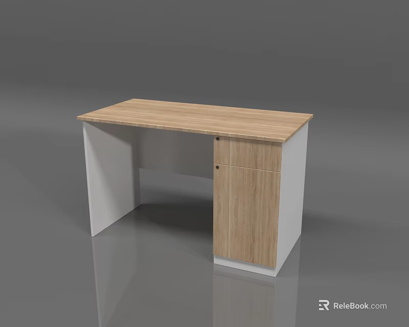 Modern Office Desk With Wooden Top White Cabinet And Drawer Storage 3d model 