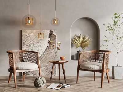 Cozy Wicker Armchair And Table Set With Cushions Hanging Lights And Plants On Wooden Floor 3d model