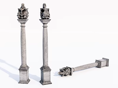 Decorative Stone Pillars With Ornate Top Designs Standing And Fallen Structures 3d model