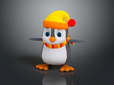 Cute Cartoon Penguin With Yellow Hat Red Pom Pom And Colorful Scarf On Gray Background 3d model
