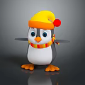 Cute Cartoon Penguin With Yellow Hat Red Pom Pom And Colorful Scarf On Gray Background