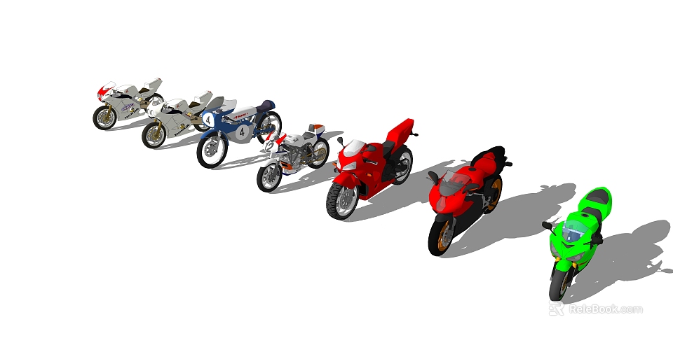 Various Colorful Motorcycles Including Red Blue Green Models With Different Styles On 3d model 