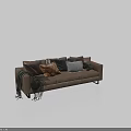 Brown Leather Three-Seater Sofa With Various Patterned Throw Pillows And Knitted Blanket Draped Over Armrest 3d model
