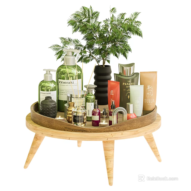 Stylish Bathroom Accessories On Wooden Tray With Plant 3d model 