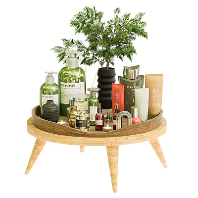 Stylish Bathroom Accessories On Wooden Tray With Plant 3d model