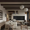 Cozy Living Room With Wooden Beam Ceiling White Pendant Lights Sofa Fireplace And Coffee Table