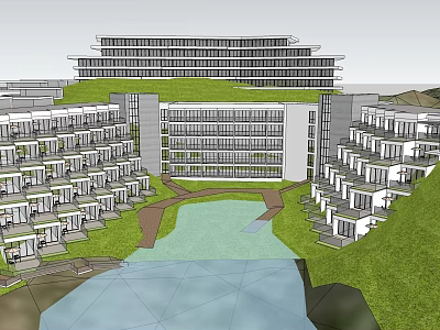 Modern Office Building with Green Roof Surrounded by Water Feature and Lush Greenery 3d model