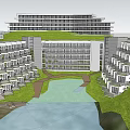 Modern Office Building with Green Roof Surrounded by Water Feature and Lush Greenery