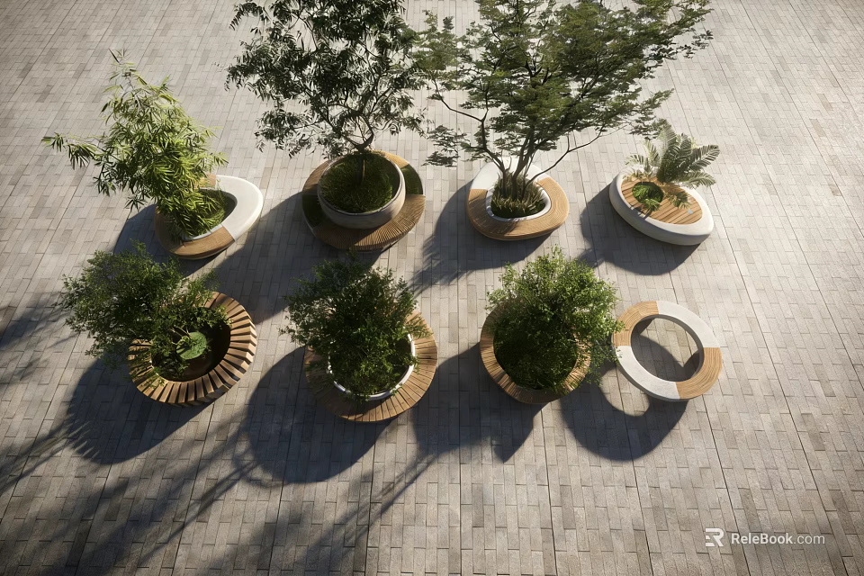 Circular Outdoor Tree Planters With Wooden Frames And Green Trees On Brick Pavement 3d model 