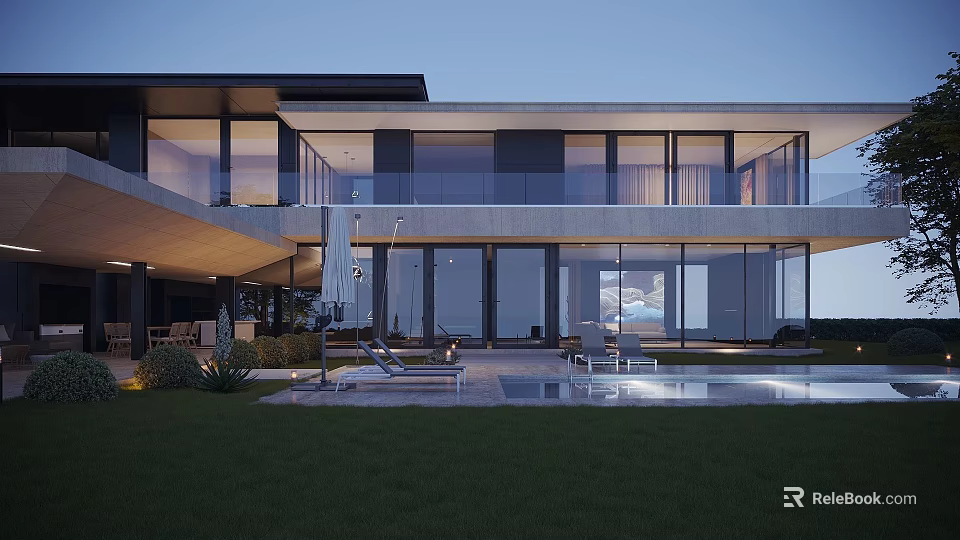 Modern Detached Villa Exterior With Large Glass Windows Swimming Pool And Lawn Area 3d model 