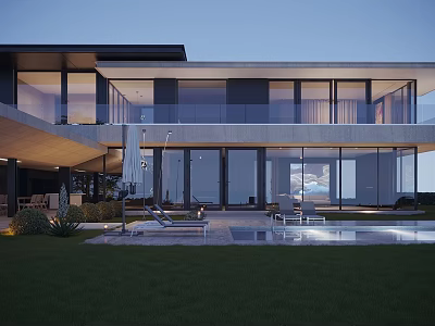 Modern Detached Villa Exterior With Large Glass Windows Swimming Pool And Lawn Area 3d model