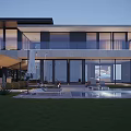 Modern Detached Villa Exterior With Large Glass Windows Swimming Pool And Lawn Area