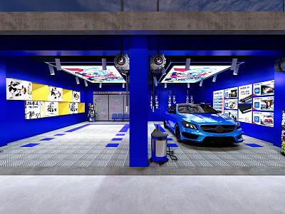 Blue Sports Car Showroom With Posters On Walls And Checkerboard Floor Pattern 3d model