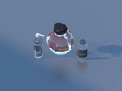Different Types Of Household Bottles Including Poison Container Pump Dispenser And Small Labeled Bottle 3d model