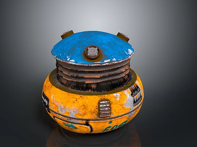 Worn Round Mechanical Object With Blue Top Yellow Base And Side Labels 3d model
