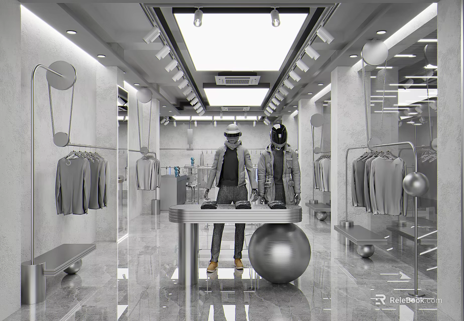 Modern Clothing Store Interior With Mannequins Displayed Clothes And Mirrors 3d model 