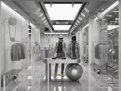 Modern Clothing Store Interior With Mannequins Displayed Clothes And Mirrors 3d model