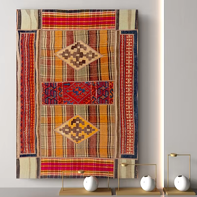Vibrant Square Rug With Geometric Patterns Diamond Motifs And Colorful Striped Borders 3d model