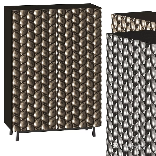 Modern Storage Cabinet With Woven Metal Texture And Gold Silver Finish 3d model 