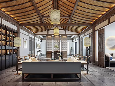 Chinese Style Clubhouse Interior With Wooden Roof Lanterns Bookshelves And Tea Table 3d model