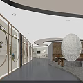 Large Woven Spherical Sculpture in Indoor Space with Stone Walls Wooden Railings and Green Plants