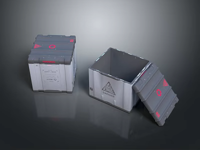 Gray Storage Boxes With Open Lid Red Symbols And Labels For Home Storage 3d model