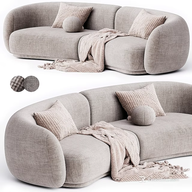 Gray Curved Double Sofa With Soft Fabric Pillows And Throw Blanket 3d model 