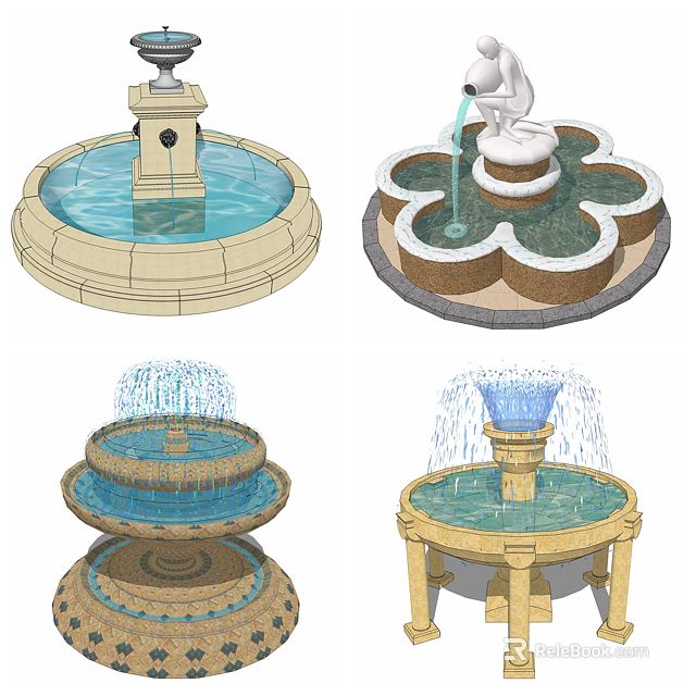 Various Ornamental Garden Fountains With Multi Tiered Statue Decor Circular And Flower Shaped Bases 3d model 