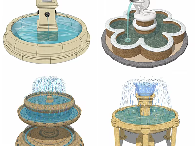 Various Ornamental Garden Fountains With Multi Tiered Statue Decor Circular And Flower Shaped Bases 3d model