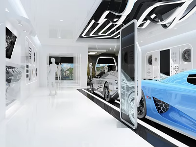 Modern White Car Showroom With Blue Sports Car Mannequin Display Cabinets And Modern Lighting 3d model
